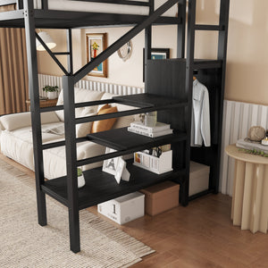 Twin Size Loft Bed with Stairs, Metal Full Loft Bed with Storage Shelves