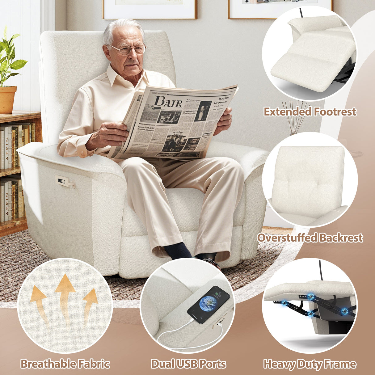 270° Power Swivel Rocker Recliner Chair with Phone Holder