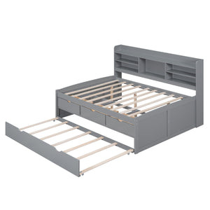Captain Bed With Built In Bookshelves, 3 Storage Drawers, And Trundle