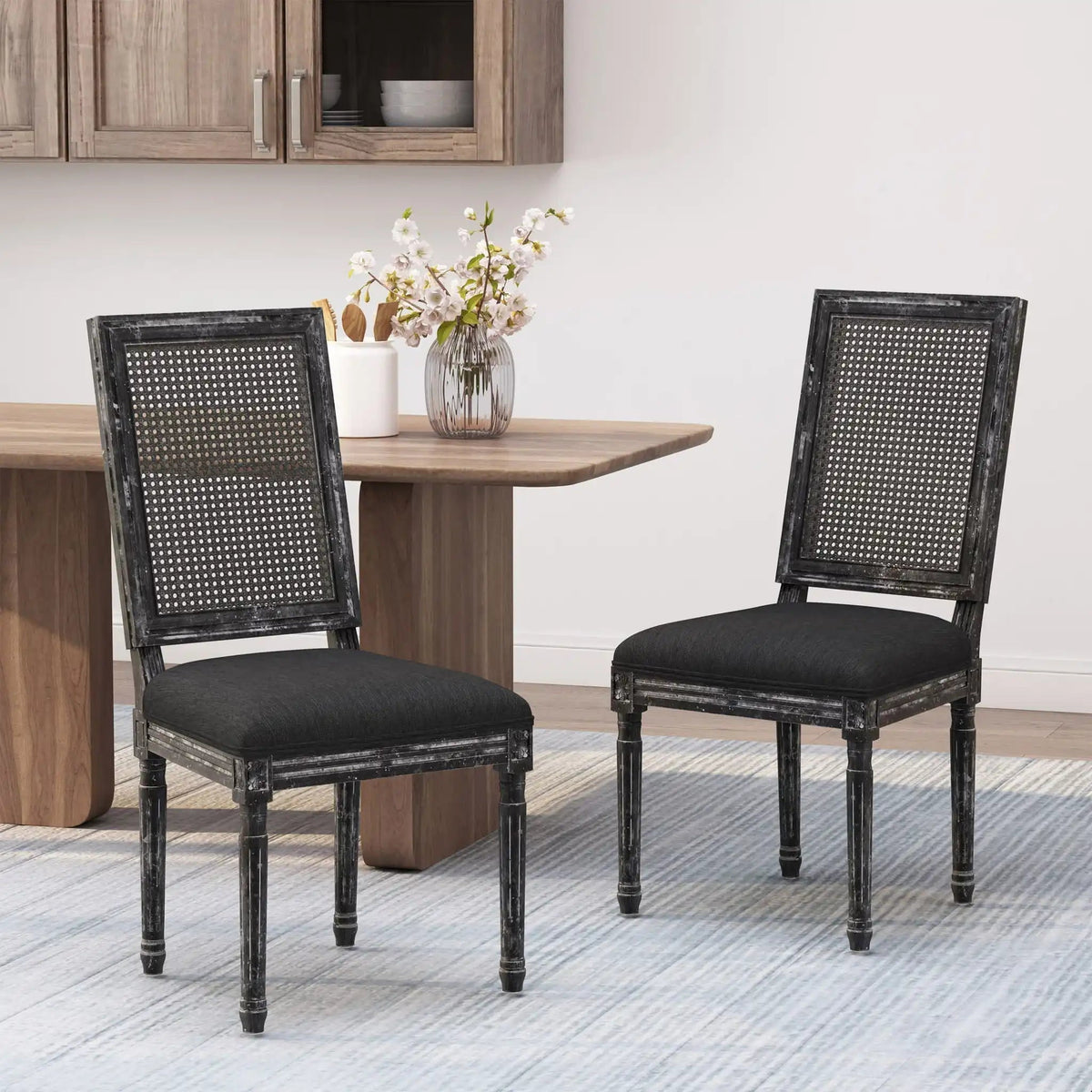 French Country Dining Chair With Rectangular Cane Backrest And Smooth Upholstered Seating