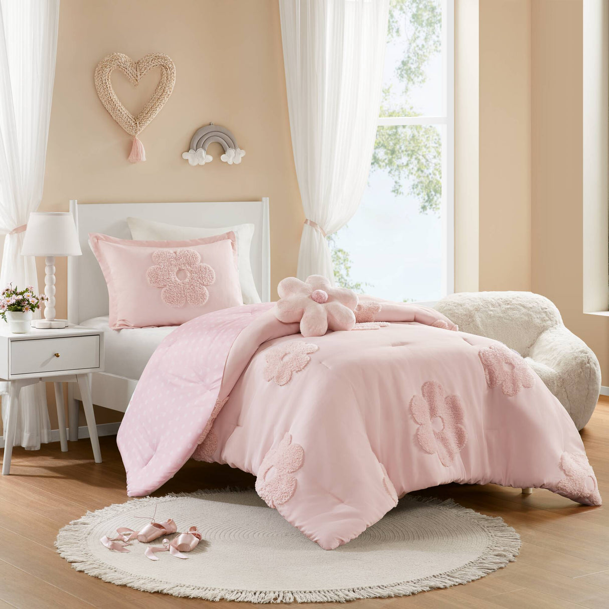 3-Piece Twin Floral Reversible Tufted Chenille Comforter Set