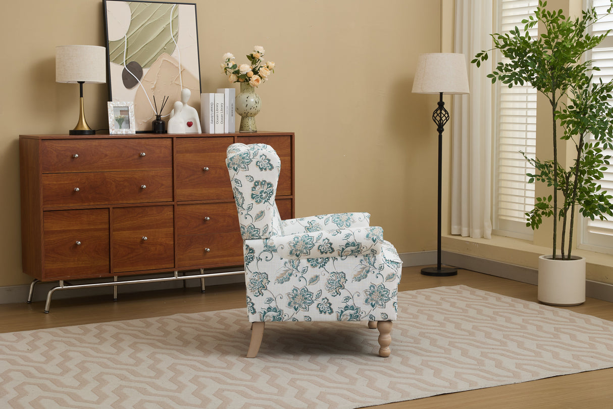 Modern Accent Chair with Retro Wood Legs and Floral Design