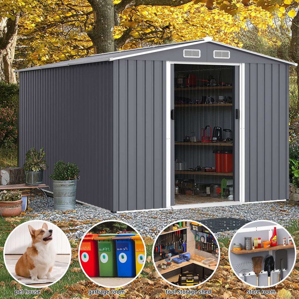 Outdoor Storage Shed Large Metal Tool Sheds, Heavy Duty Storage House With Sliding Doors