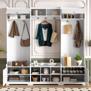 Wide Hall Tree With Shoe Storage, 4 In 1 Entryway Bench With 8 Cubbies, 7 Coat Hooks & Adjustable Shelf