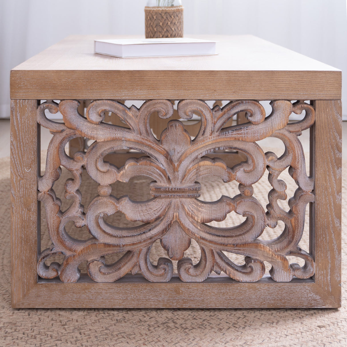 47.2 Rustic Carved Wood Coffee Table – Handcrafted Look with Ornate Side Panels