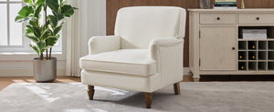 Vintage Upholstered Linen Fabric Armchair with Antique Solid Wood Legs