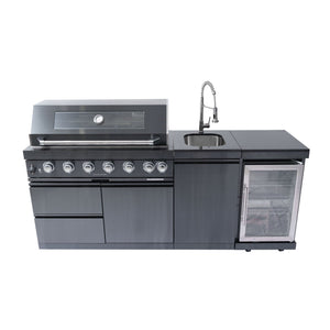 6 Burner 85,000 BTU Outdoor Kitchen Island Grill with Wine Cooler Refrigerator, Rotisserie Kit, Granite Countertops &