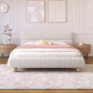 Queen Size Contemporary Low Profile Upholstered Bed With Teddy Fleece Boucle Fabric And Solid Round Legs - White