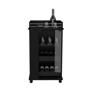 Bar Cart With Glass Door, 2 Side Shelves And Casters - Black