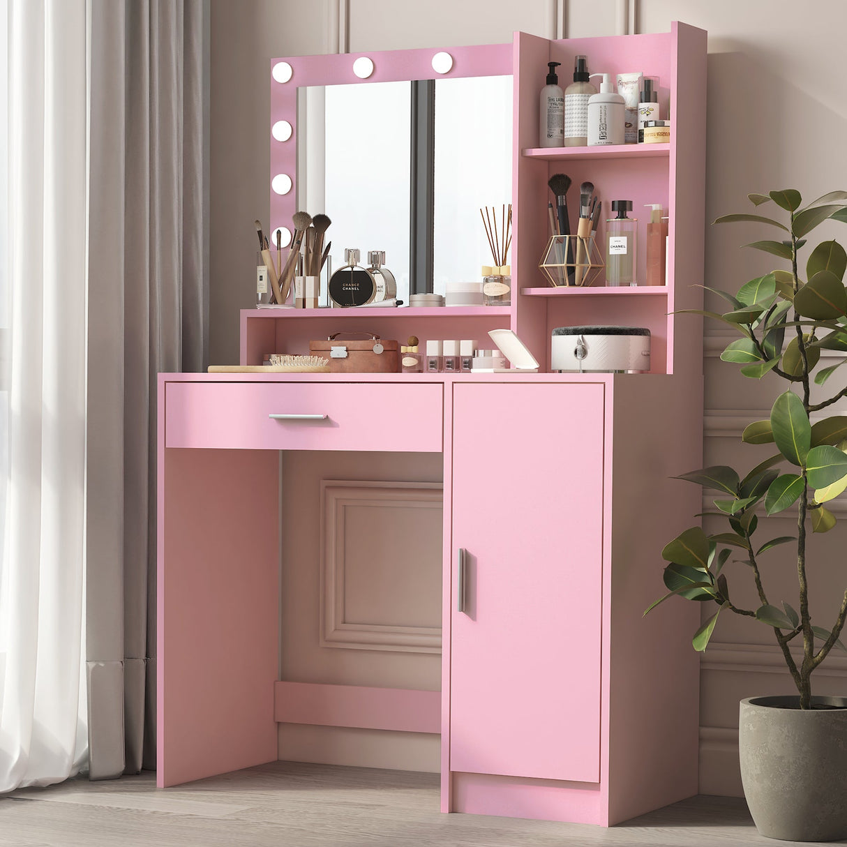 Pink Vanity Desk with Mirror & Light