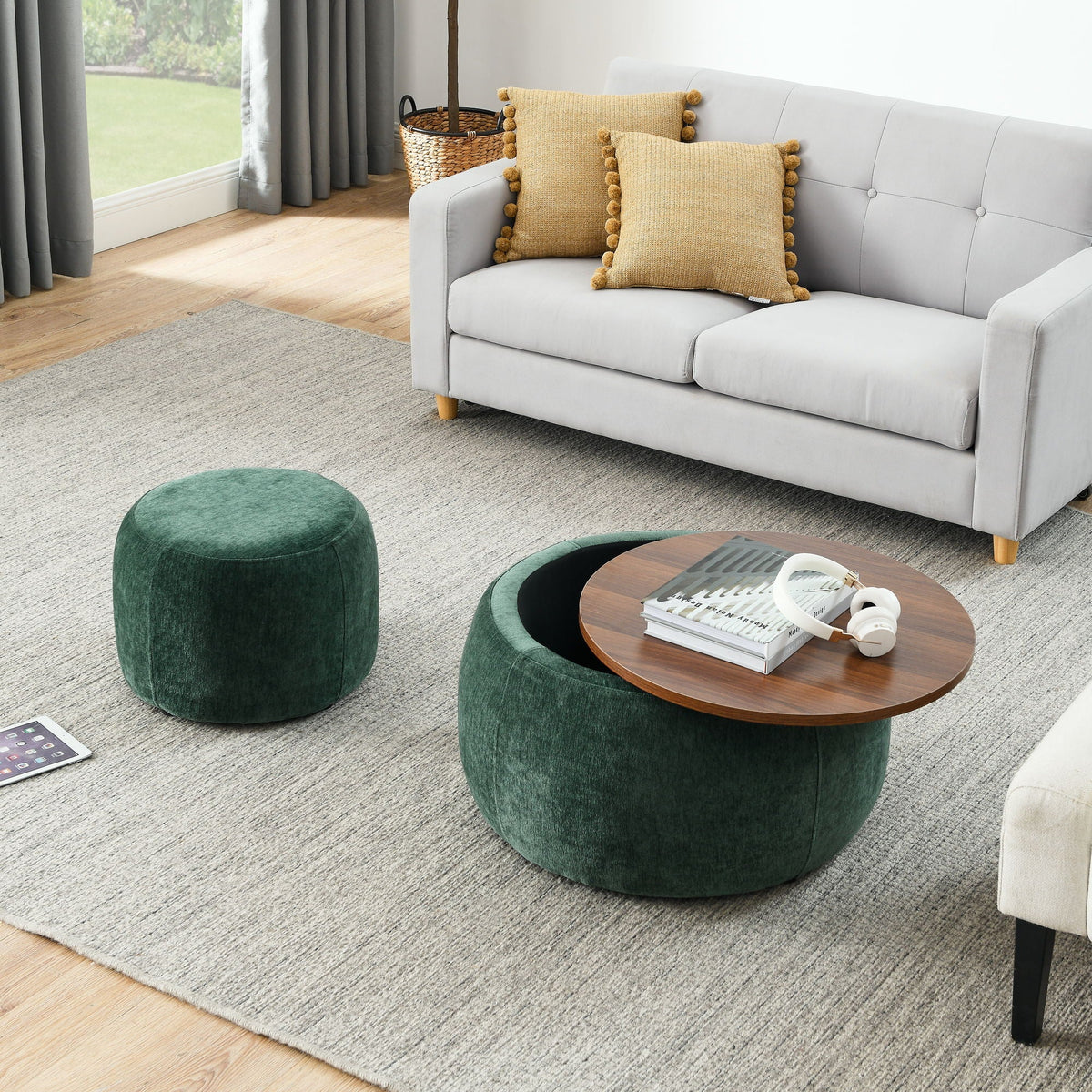 Round Storage Ottoman, 2 In 1 Function, End Table And Ottoman