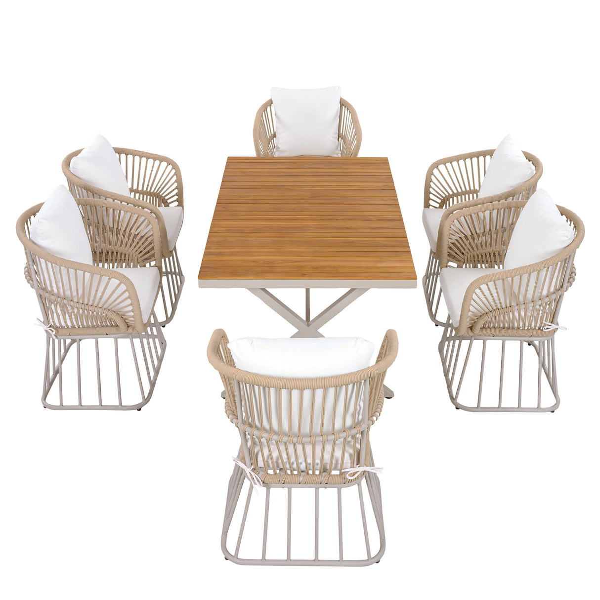 Outdoor 7-Piece Dining Set - Rectangular Teak Wood Table + 6 Wicker Chairs