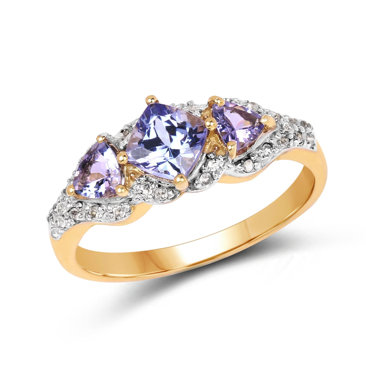 14K Yellow Gold Plated 1.20 Carat Genuine Tanzanite & White Topaz .925 Sterling Silver Ring