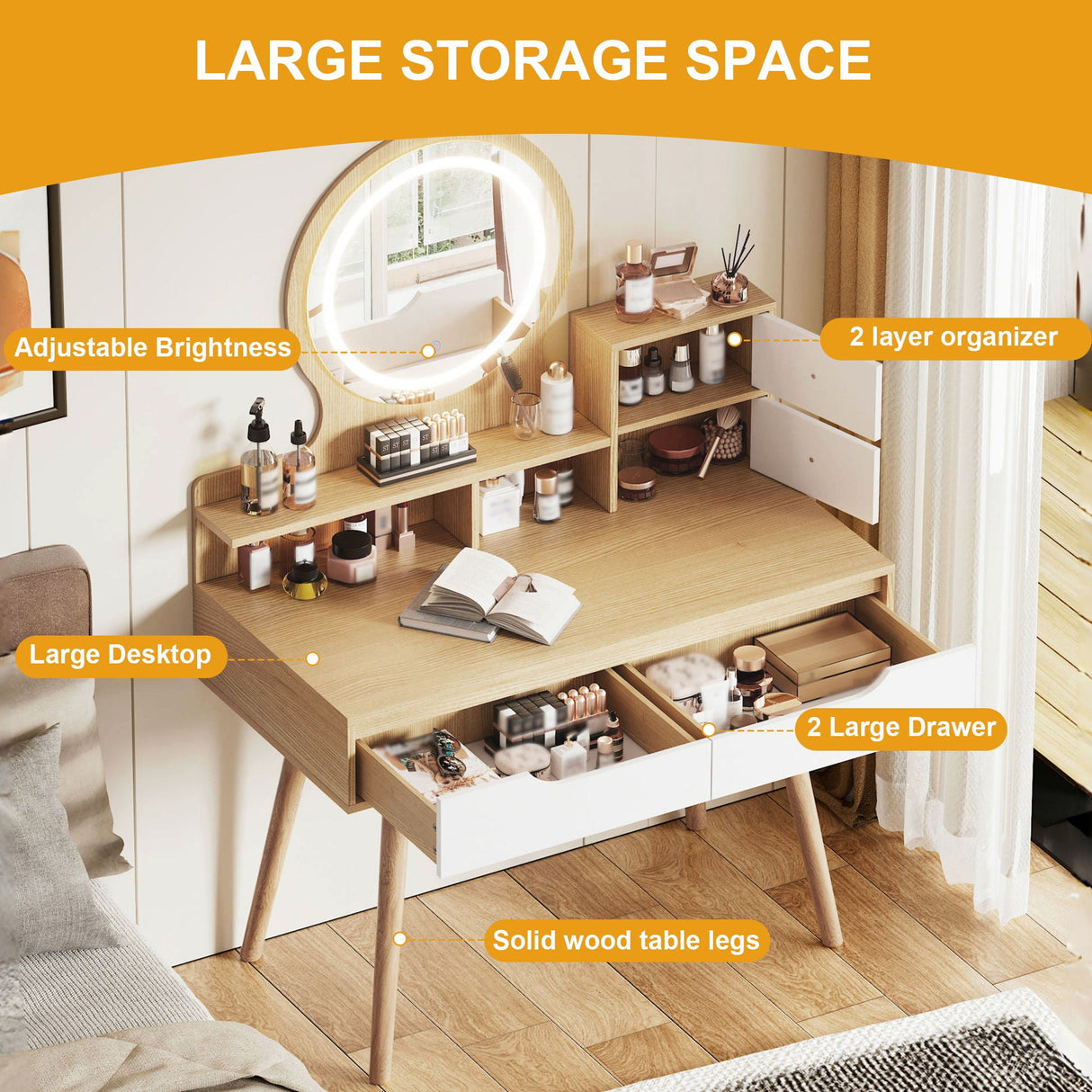 Elegant Makeup Vanity Desk With Adjustable Lighted Mirror Table Feet - American White Oak