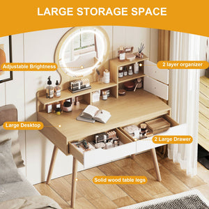 Elegant Makeup Vanity Desk With Adjustable Lighted Mirror Table Feet - American White Oak