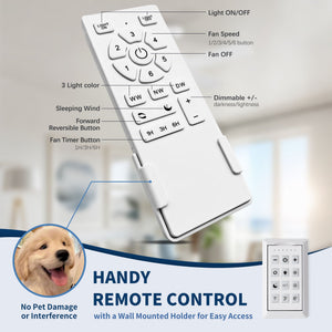Ceiling Fan With Remote Control, Reversible DC Motor, 6 Speeds, 3 Dimmable LED, Quiet Timer For Indoor - White