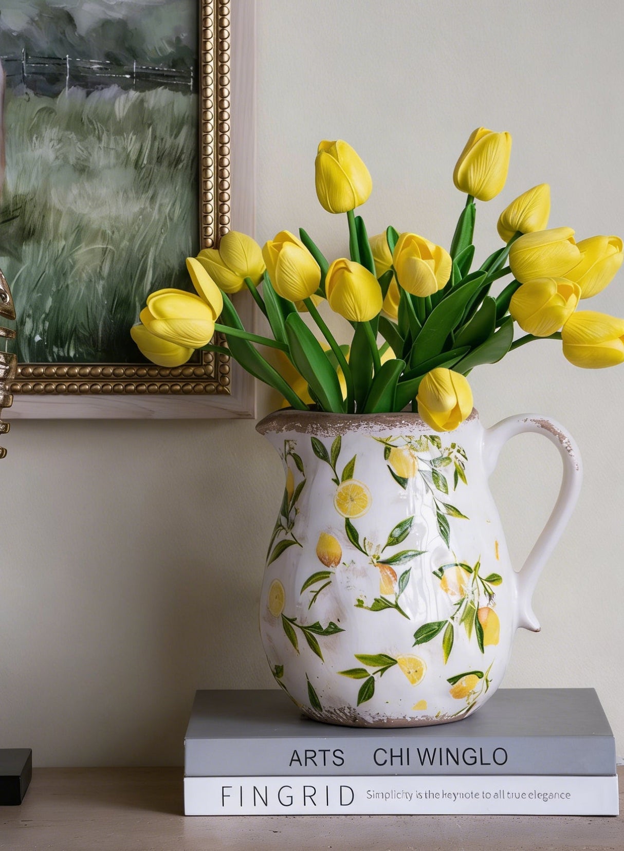 7.9x6.5x7.9" White Ceramic Pitcher Vase with Yellow Lemon Motif