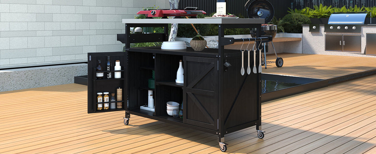 K&K Outdoor Kitchen Island with Rolling Bar Cart and Storage Cabinet