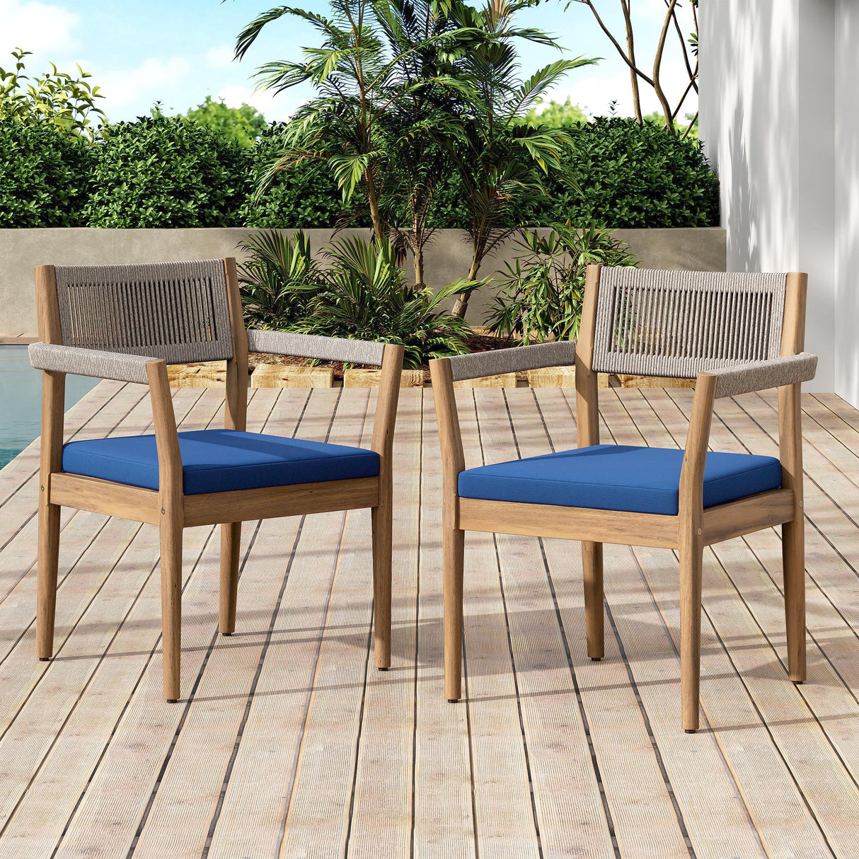 Braided Acacia Wood Outdoor Dining Chairs Set of 2 – Teak Look