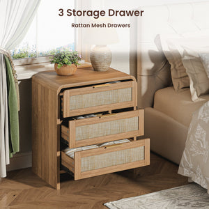 Rattan Nightstand with 3 Drawers set of 2, 22.8' Wide Curved Wooden Bedside Table, Modern Storage for Bedroom, Caramel Oak.