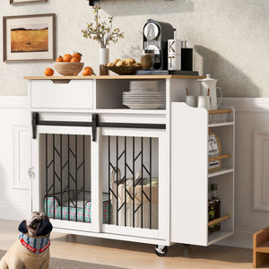 Modern Style 2 In 1 Pet Friendly Dog Crate Kitchen Island End Table Metal Pine - Natural / White