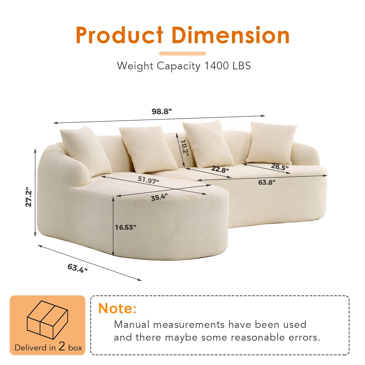 Boneless L-Shape Sectional Sofa with Curved Chaise