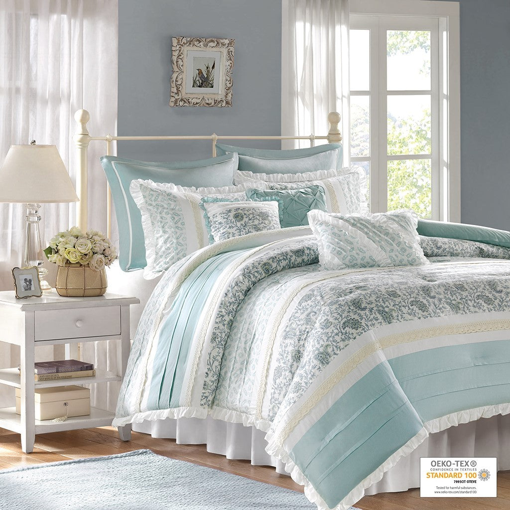 9 Piece Cotton Percale Comforter Set Aqua