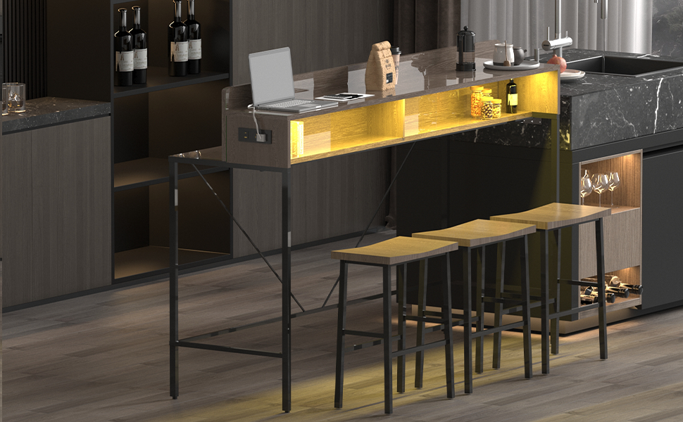 59 Inch Bar Table with Stools and LED Light
