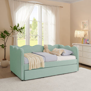 Cozy Gingham Daybed with Trundle Twin Size Sofa Bed No Box Spring Needed, with USB Port and Adorable Wave Shaped, Linen Fabric