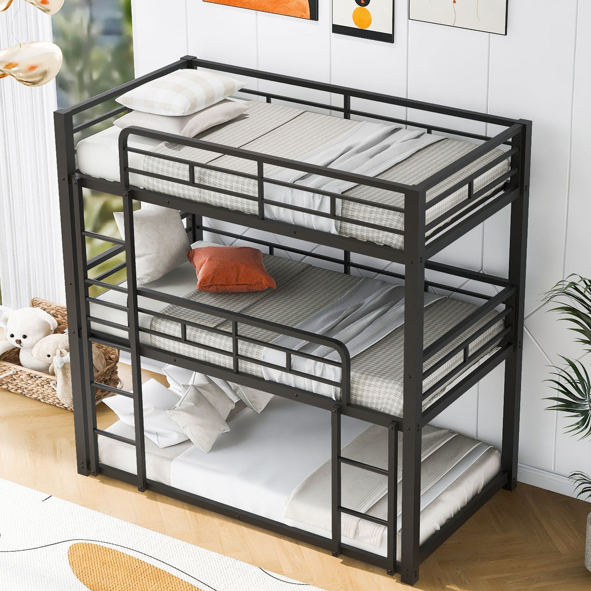 Triple Bunk Bed with Sturdy Metal Frame and Space-Saving Design - Black or Pearl Silver