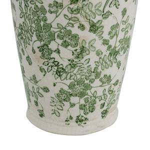 6.5x6.5x11.6' White Ceramic Flower Vase with Green Floral Pattern