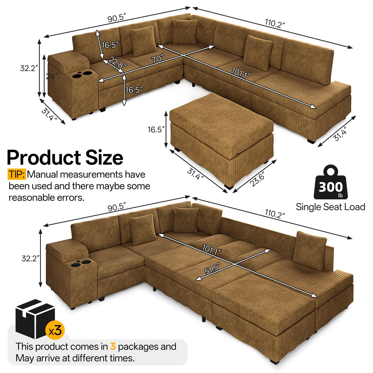 110.2" L-Shaped Sectional Sofa Set with Removable Ottoman in Camel