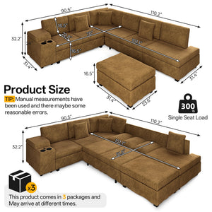 110.2" L-Shaped Sectional Sofa Set with Removable Ottoman in Camel