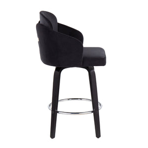 Contemporary Counter Stool in Black Wood and Black Velvet - Set of 2