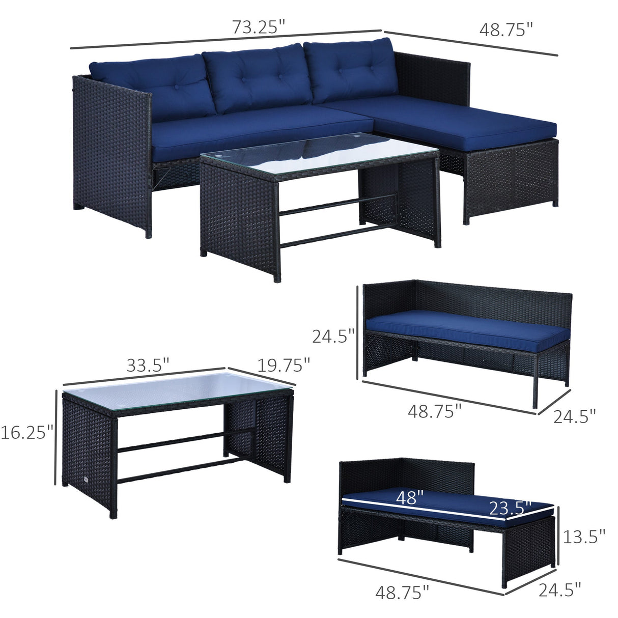 Loveseat Sofa Chaise Lounge Coffee Table Patio Furniture Set