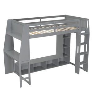 Gaming Loft Bed With Desk, Multi Storage Shelves, LED Lighting, And Hanging Clothes Rack