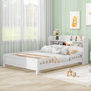 Wood Platform Bed With Built In LED Light, Storage Headboard And Guardrail