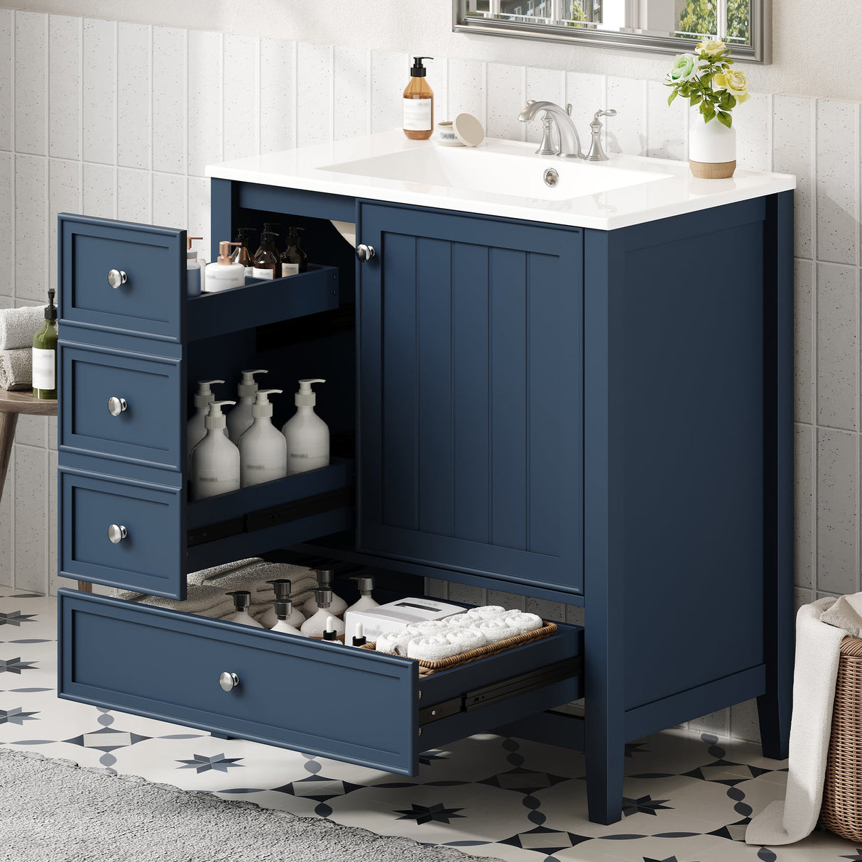 30" Bathroom Vanity with Sink, One Cabinet and Three Drawers