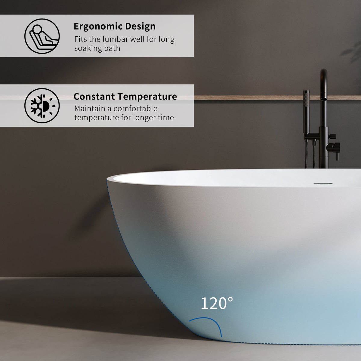 66.9″ Solid Surface Matte Tub - Freestanding Soaking Bathtub