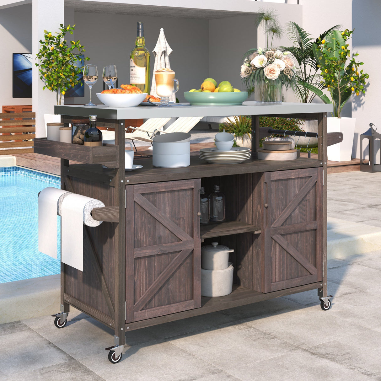K&K Outdoor Kitchen Island, Rolling Bar Cart & Storage Cabinet