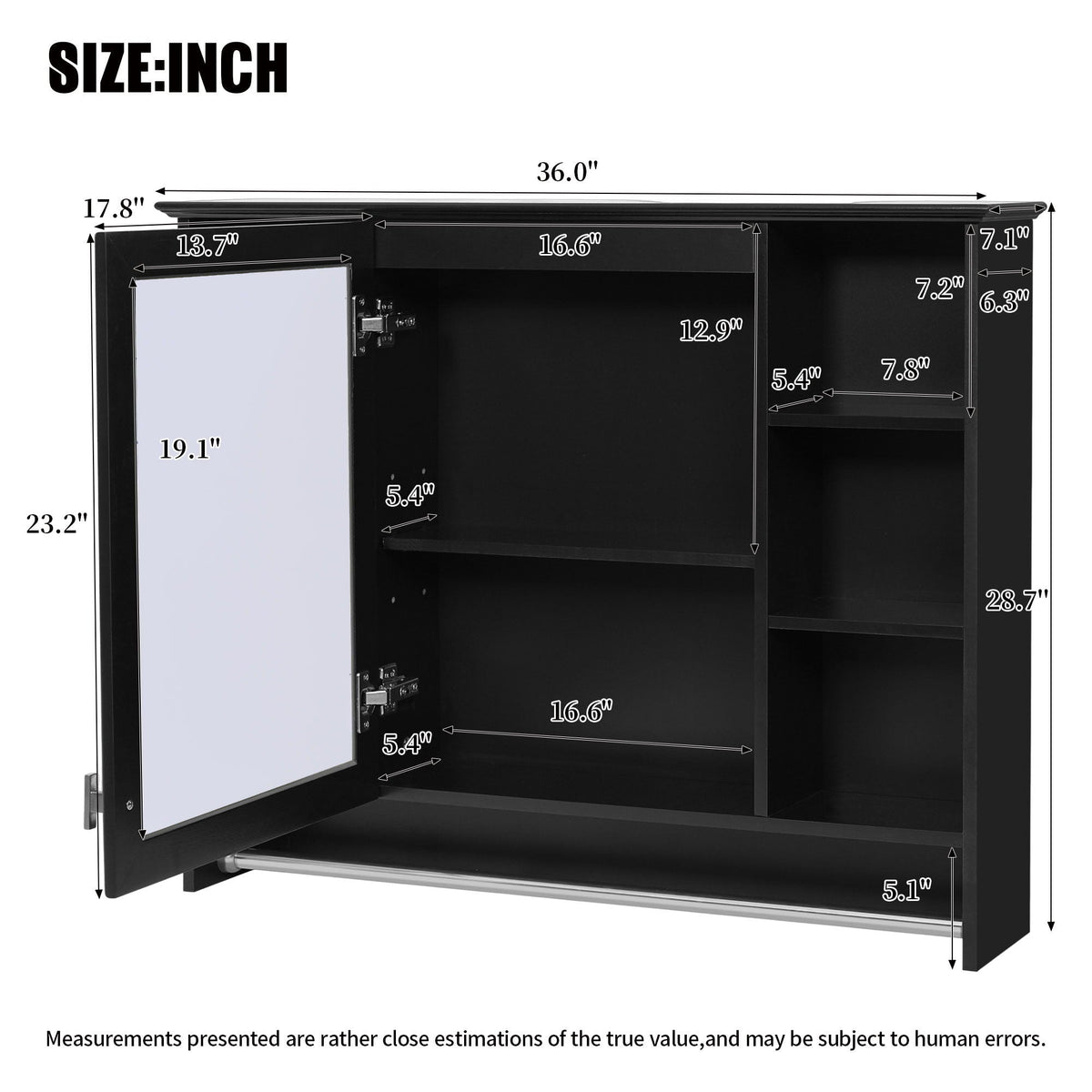 Modern Wall Mounted Mirror Cabinet with Adjustable Shelf - White or Black