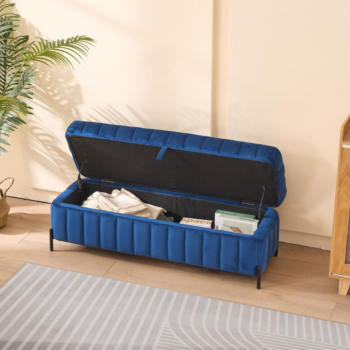 Wide Upholstered Storage Soft Bench Ottoman With Metal Legs