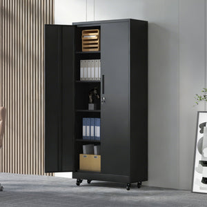 Storage Cabinet With Wheels And Lock, 4 Adjustable Shelves, 3 Point Locking Security, For Tool Organization In Garage - Black