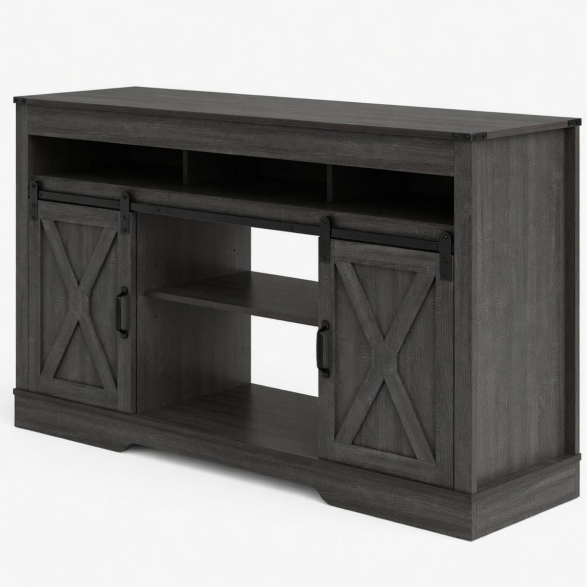 Farmhouse TV Stand With Sliding Barn Doors & Adjustable Storage