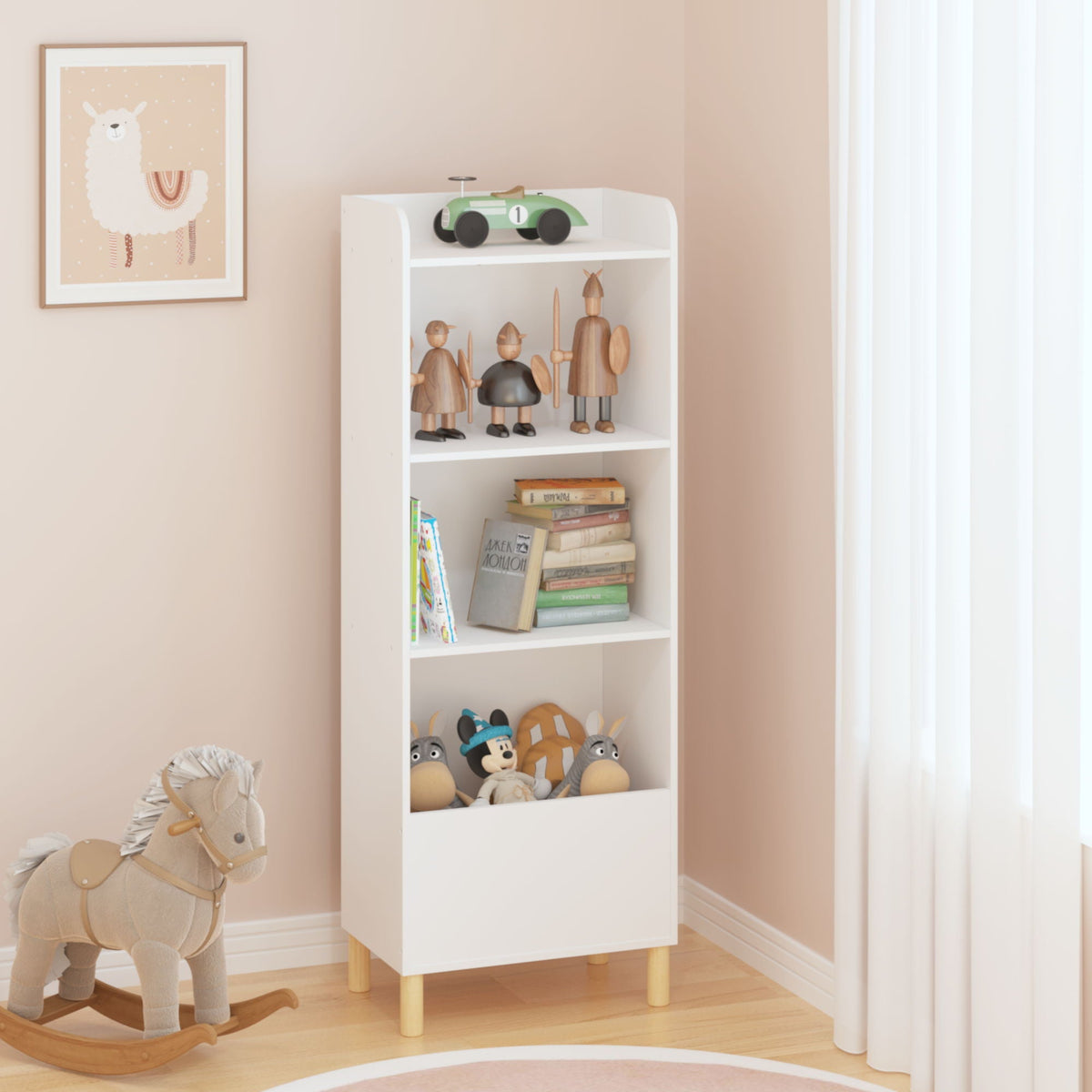 4 Tier Bookcase, Book Display With Safety Restraint, Storage Cabinet For Playroom - White