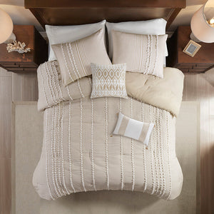 Full/Queen 3 Piece Cotton Yarn Dyed Comforter Set with Tufted Embroidery - Taupe