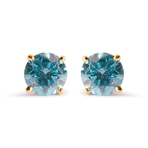 14K Yellow Gold 1.0 Cttw Treated Aqua Blue Diamond Classic Solitaire Stud Earrings (Aqua Blue Color, I2-I3 Clarity)