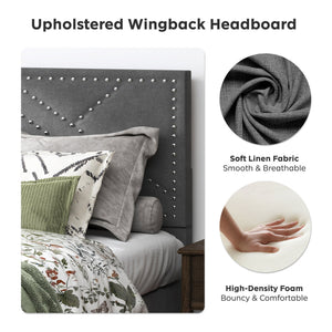 Luxurious Queen Bed Frame & Upholstered Wingback Headboard in Carbon Gray