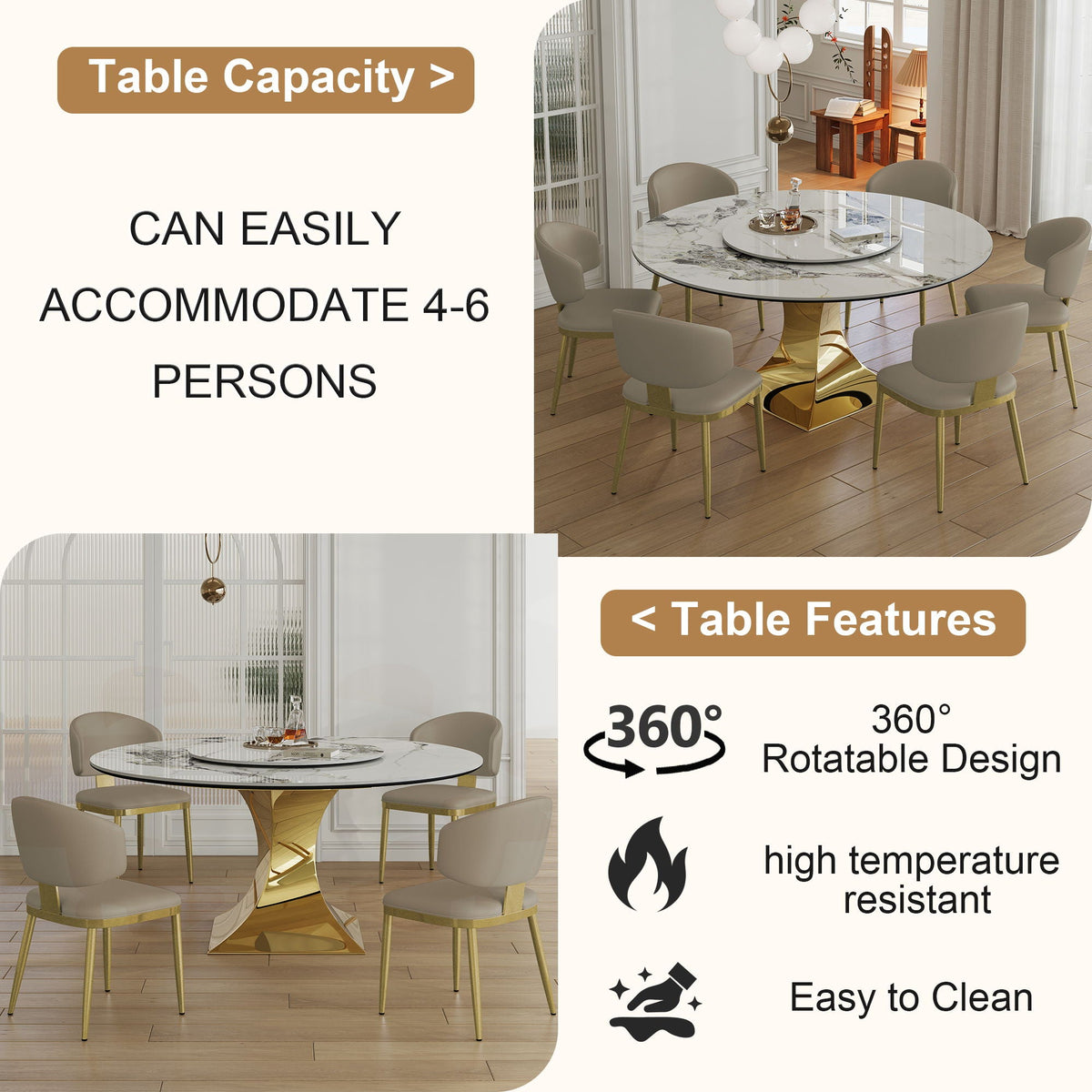 Luxury Round 59" Sintered Stone Dining Table With Stainless Steel Hourglass Base, Scratch & Heat Resistant Surface - Golden / White