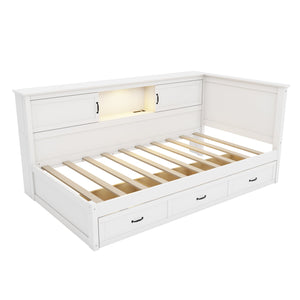 L-Shaped Bed Frame with Drawer and Bookcase